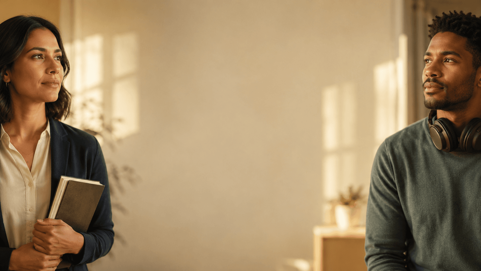 Two diverse professionals in a warm sunlit interior, calm and confident in the moment before an interview practiced with Coril